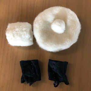 American girl faux fur hat, hand warmer, boot covers